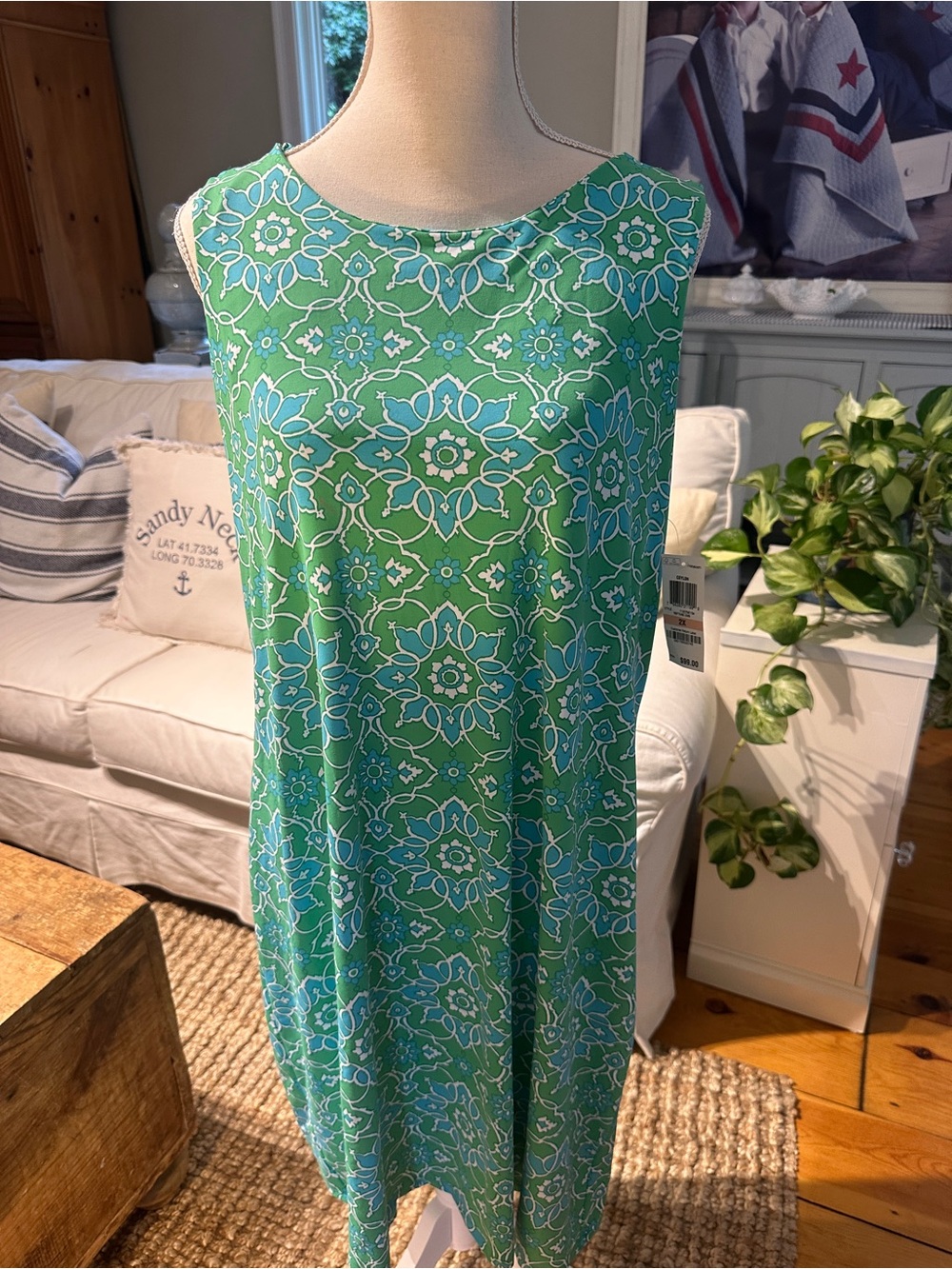 Charter Club NWT 2X Green Blue Floral Sleeveless Shift Dress